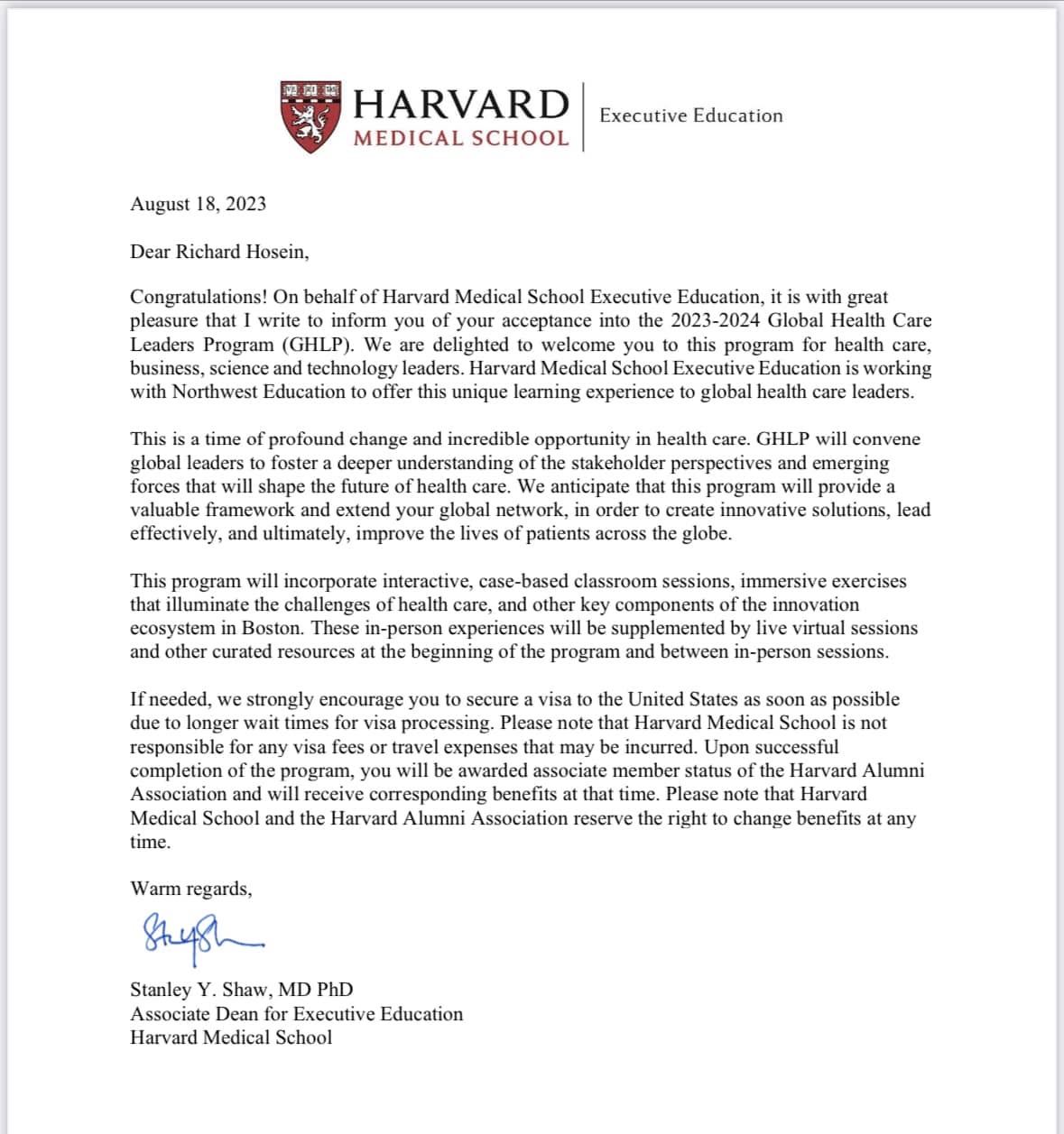 Harvard Medical School Executive Education acceptance letter for Richard Hosein into the Global Health Care Leaders Program, dated August 18, 2023