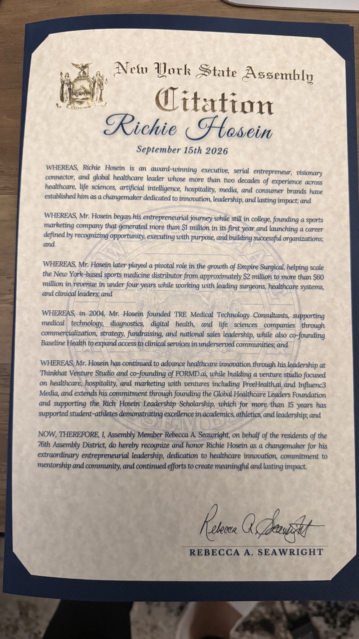 New York State Assembly Citation presented to Richie Hosein by Assembly Member Rebecca A. Seawright on September 15, 2026