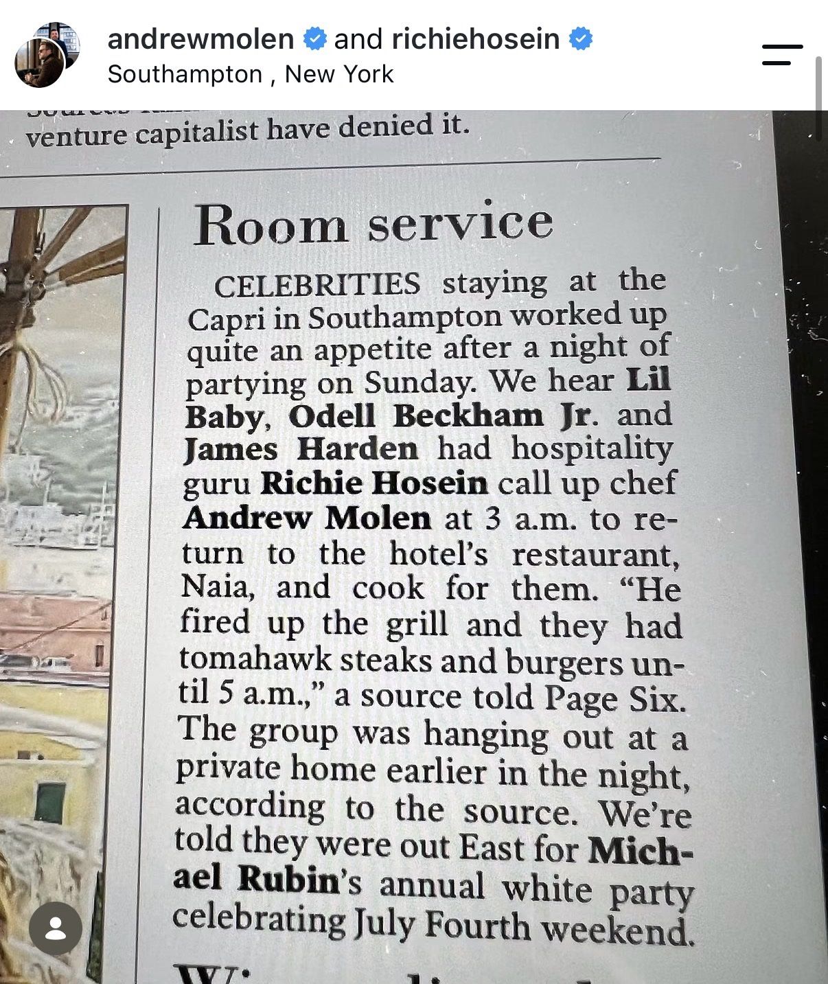 Page Six 'Room service' clipping: after Michael Rubin's white party, Richie Hosein called chef Andrew Molen up to the hotel restaurant at 3 a.m. to fire up the grill for Lil Baby, Odell Beckham Jr., and James Harden